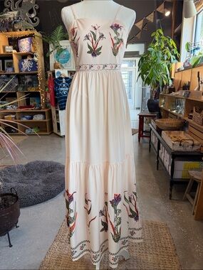 Boho Floral Embroidered Cream Maxi Dress